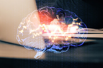 Brain multi exposure icon with man hands background.