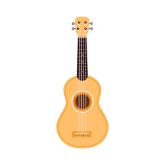 Obraz premium Classical acoustic guitar with wooden body, flat vector illustration isolated on white background. Musical string guitar instrument for folk and country music.