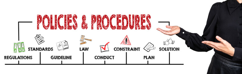 POLICIES and PROCEDURES Concept. Chart with keywords and icons. Woman points to the information