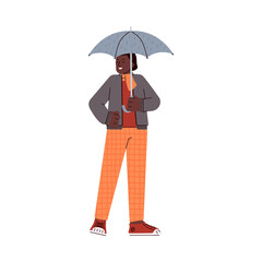 City woman in autumn warm clothes cartoon character standing under umbrella, flat cartoon vector illustration isolated on white background. Autumn season people.