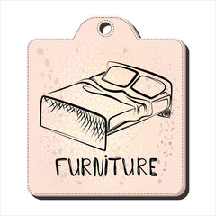 Double bed with two pillows and a blanket linear pattern on the tag for the store s sale. Furniture. Joinery. vector illustration