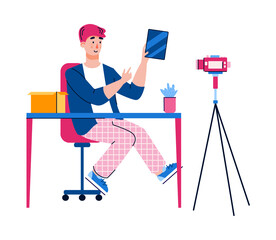 Male vlogger or a blogger doing a shopping overview before the camera recording video for his channel. Online tutorial for internet content. Vector isolated flat illustration