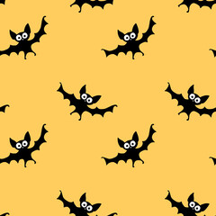Flying bats seamless pattern. Cute Spooky vector Illustration. Halloween backgrounds and textures in flat cartoon gothic style. Black silhouettes animals