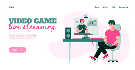 Video game life streaming website interface with cartoon characters of game blogger and gamer, flat vector illustration. Cyber sport broadcasting or blogging.