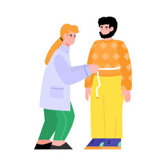 A woman nutritionist measures the waist of a young man. The patient consults a doctor about a diet for weight control and loss. Healthy lifestyle. Flat isolated vector illustration
