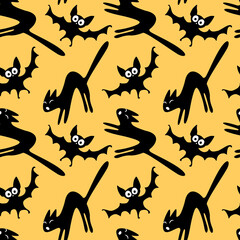 Seamless pattern with a hissing angry black witch cat and bats. Happy Halloween. Textured background for greeting card, invitation, party poster, banner