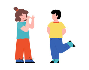 Little kid cartoon character teasing and taunting another, flat vector illustration isolated on white background. Children quarrel and a scene of bad behavior.