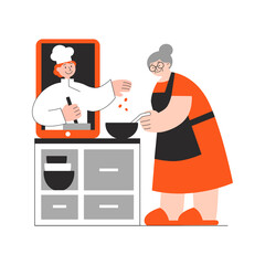 Old woman in apron cooks together with chef from digital tablet. Online cooking, culinary internet course concept. Isolated flat vector illustration for advert, web banner, social media.
