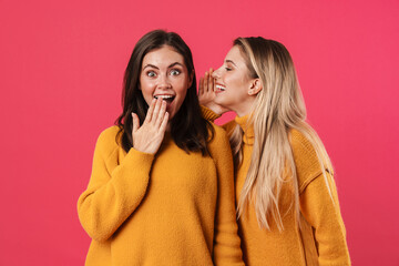 Image of beautiful woman whispering secret to her excited friend - obrazy, fototapety, plakaty