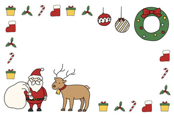 クリスマスのかわいいフレーム／手描き／飾り／枠／カード／サンタクロース／トナカイ