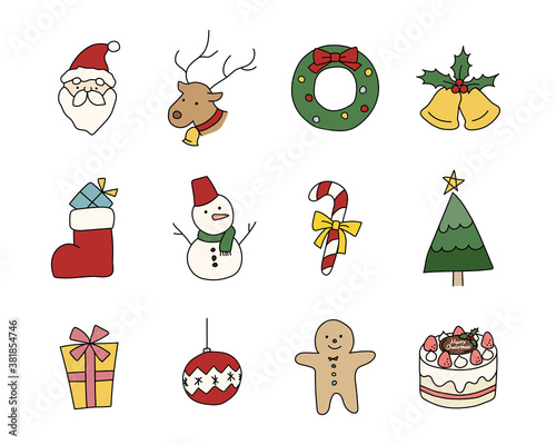 クリスマスのかわいい手描きアイコンのセット サンタクロース トナカイ ツリー ベル イラスト 冬 Wall Mural Yugoro