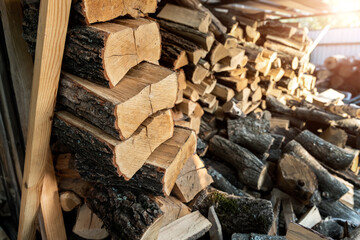 Chopped firewood storage under shed and oak wooden tree logs prepared for chopping and cutting at...