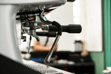 Fototapeta na wymiar Professional coffee machine in coffee shop close up