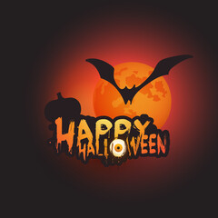 Happy Halloween Card Template with Flying Bat and Full Moon in the Darkness