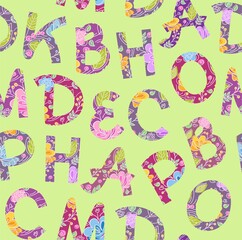 Floral letters, seamless pattern, green. Lilac letters with flowers and leaves. Uppercase handwritten letters. Vector.  
