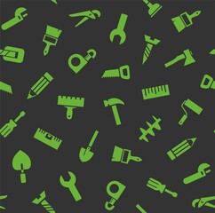 Hand tools, construction, seamless pattern, color, gray, green. Green icons on a gray field. Colored flat background. Vector.  
