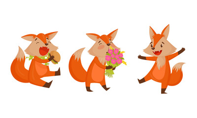 Funny Orange Fox Holding Flower Bouquet and Eating Hamburger Vector Set