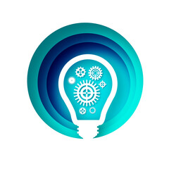 Light bulb and cogs inside in paper cut style. Origami Electric bulb with gears and cogs working together. Concept of a business idea. Teamwork. Strategy. Cooperation. Blue circle frame.
