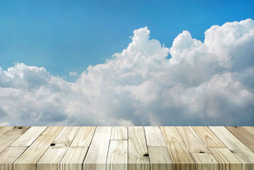 Scenery on the heights, Wood terrace and beautiful sky. perspective sky view, background for product display. 