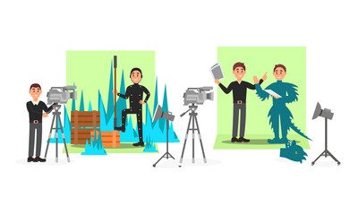 Fototapeta premium Male Cameraman Filming Movie with Actor Wearing Costume Vector Illustration Set