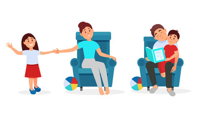 Tired Parents and Energetic Kids Vector Illustration Set