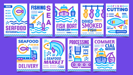 Fishing Industry Advertising Posters Set Vector. Seafood Restaurant And Market, Fish Cutting And Dried Smoked, Sea Food Plant And Delivery Promo Banners. Concept Template Style Color Illustrations