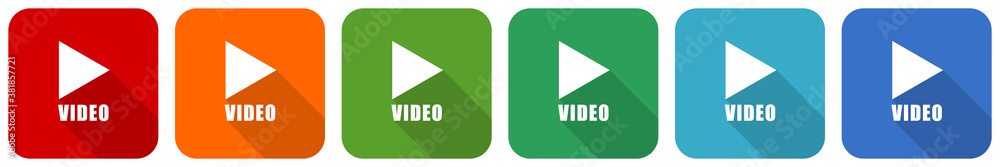 Aufkleber video icon set, flat design vector illustration in 6 colors options for webdesign and mobile applica