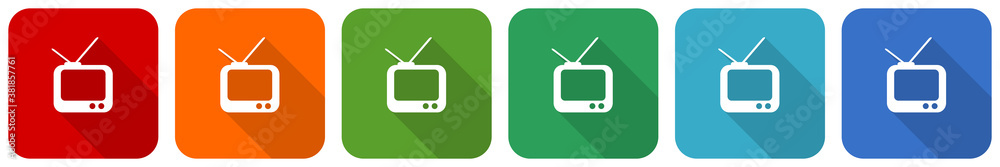 Poster tv icon set, flat design vector illustration in 6 colors options for webdesign and mobile applicatio