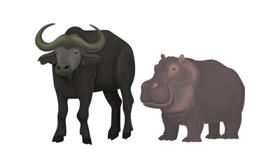 Horned Buffalo and Hippo as African Animal Vector Set