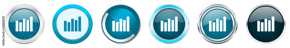 Fototapete Graph silver metallic chrome border icons in 6 options, set of web blue round buttons isolated on white background
