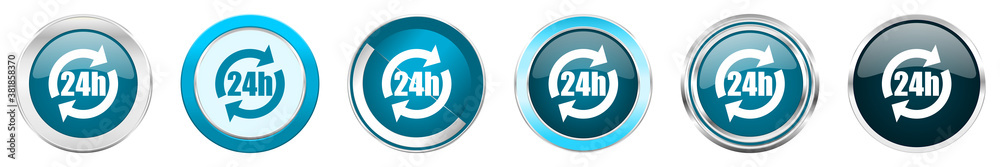 Poster 24h silver metallic chrome border icons in 6 options, set of web blue round buttons isolated on whit