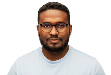 people, grooming and beauty concept - portrait of young african american man in glasses over white background