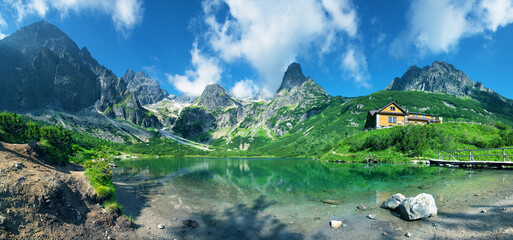 High Tatras and the Zelene Pleso (Green lake) with the Belianske Tatry behind,( Chata pri Zelenom...