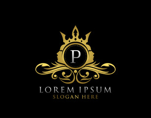 Fototapeta premium Royal Beauty Logo With P Letter. Luxury Gold Floral Badge With Beauty Woman Face Shape perfect for salon, spa, cosmetic, Boutique, Jewelry.