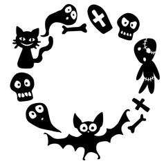 Happy Halloween-round frame with holiday characters-cat, zombie, bones, skulls, bat, ghosts. Festive border, background or title for greeting card, invitation, party, poster, banner