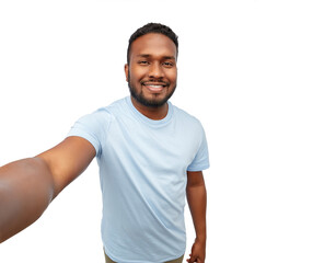 people, grooming and beauty concept - portrait of happy smiling young african american man taking selfie over white background