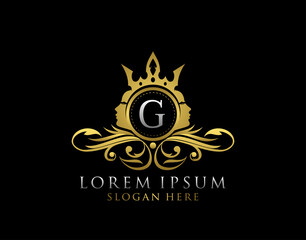 Fototapeta premium Royal Beauty Logo With G Letter. Luxury Gold Floral Badge With Beauty Woman Face Shape perfect for salon, spa, cosmetic, Boutique, Jewelry.