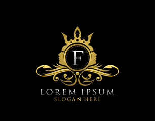 Royal Beauty Logo With F Letter. Luxury Gold Floral Badge With Beauty Woman Face Shape perfect for salon, spa, cosmetic, Boutique, Jewelry.