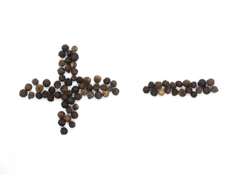Black pepper plus and minus equation. Isolated tasty, math background herb, spice,  peppercorn emoticons for social media banner.