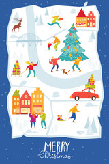 Merry Christmas poster in flat style with city map and people