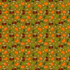 Pattern with a dark pumpkin in orange stripes. Pieces and slice of orange pumpkin. Pumpkin seeds and leaves. Pumpkin flowers.
