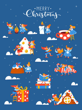 Naklejki Cartoon Christmas hygge card with funny gnomes and lettering.
