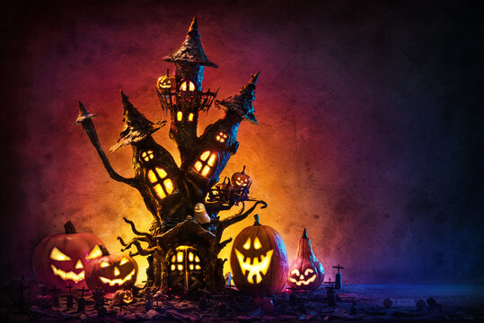 Halloween Pumpkins And Castle Spooky In Night