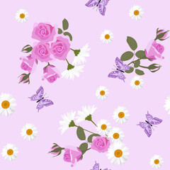 Seamless festive vector illustration with roses, daisies and butterflies.