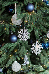 Christmas tree with silver blue decorations