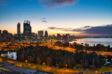 Perth City Lights at sunrise, with car trails 