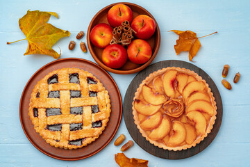 Thanksgiving berry and apple various pies on wooden surface, top view