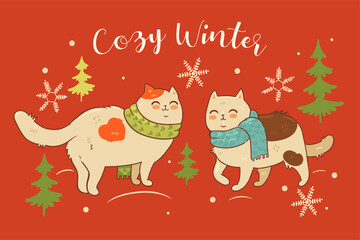 Fototapeta na wymiar Postcard with cats in scarves and the inscription cozy winter. Vector graphics.
