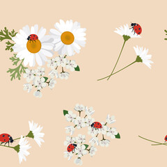 Seamless vector illustration with daisies, cherry blossoms and ladybirds