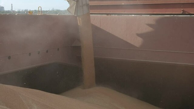 Loading of grain products in to the cargo compartment of bulk carrier 
